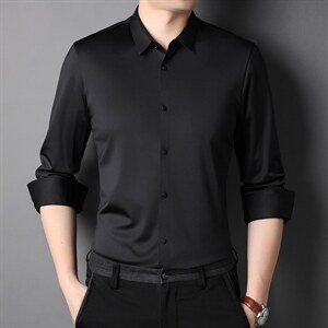 秋季中年纯色冰丝衬衫男士长袖爸爸商务休闲正装春秋薄款免烫衬衣,男装衬衫,电商B212（原钱塘6029）