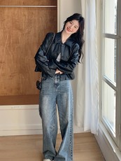 甜酷复古PU皮衣外套女2025早春新款黑色小翻领蛋白皮小个子上衣，女装皮衣，浙宝285（原212）
