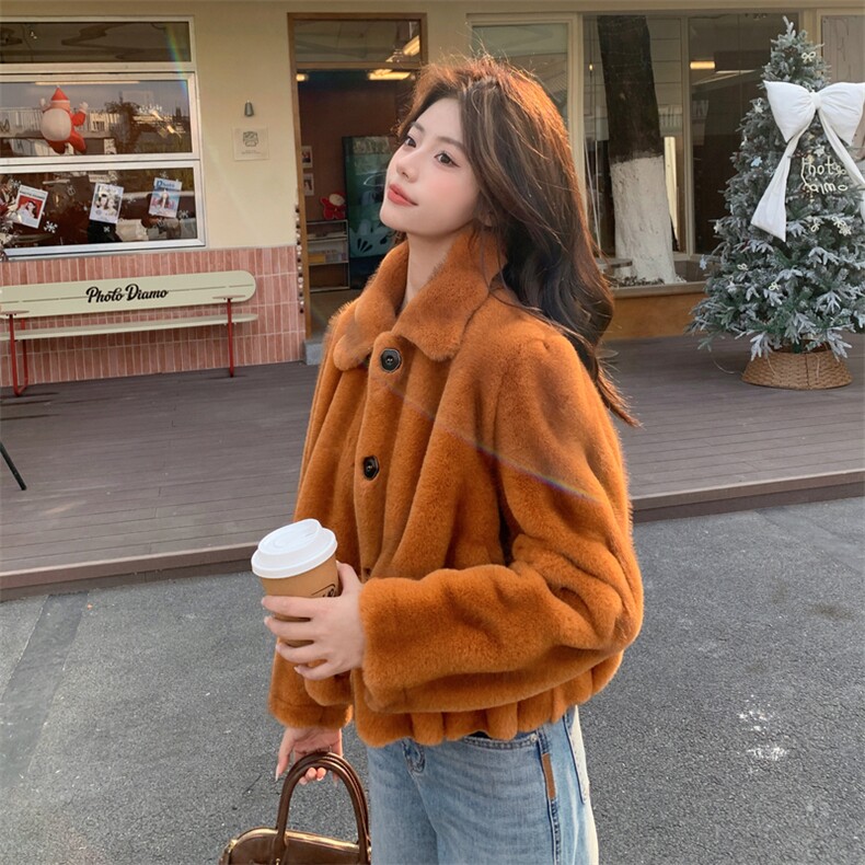 南瓜色秋冬皮毛一体外套女仿水貂绒休闲上衣2C353--719#P190K288,女装短外套,2C353