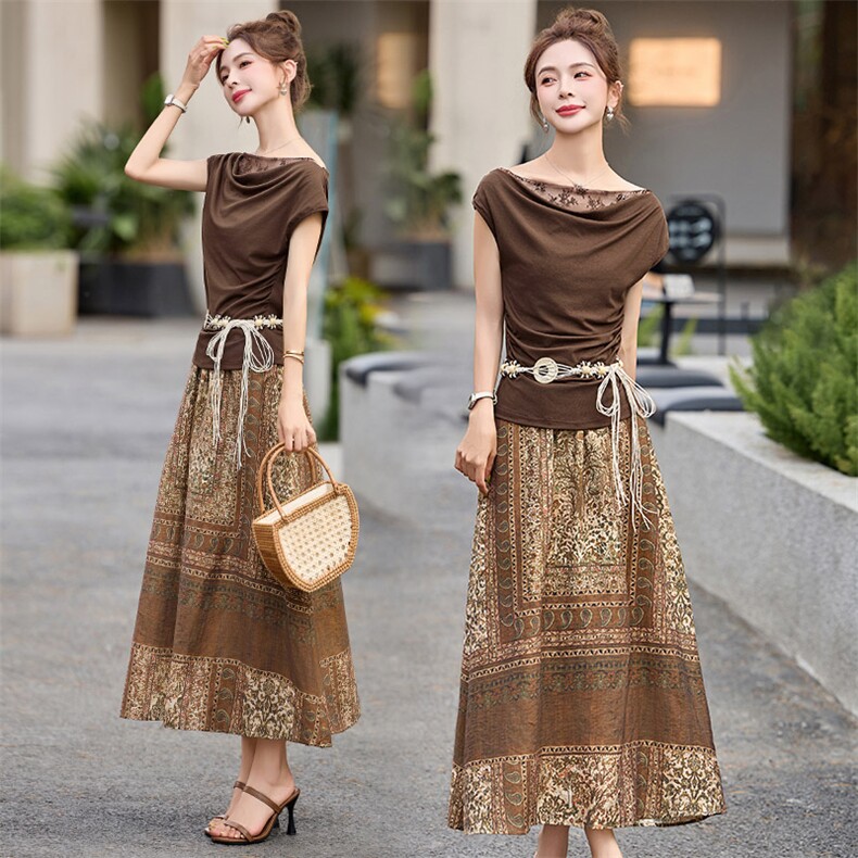 高级感碎花半身裙套装女2025年夏季新款小香风气质显瘦短袖两件套，女装套装/套裙，依如秀(原杭风阁)