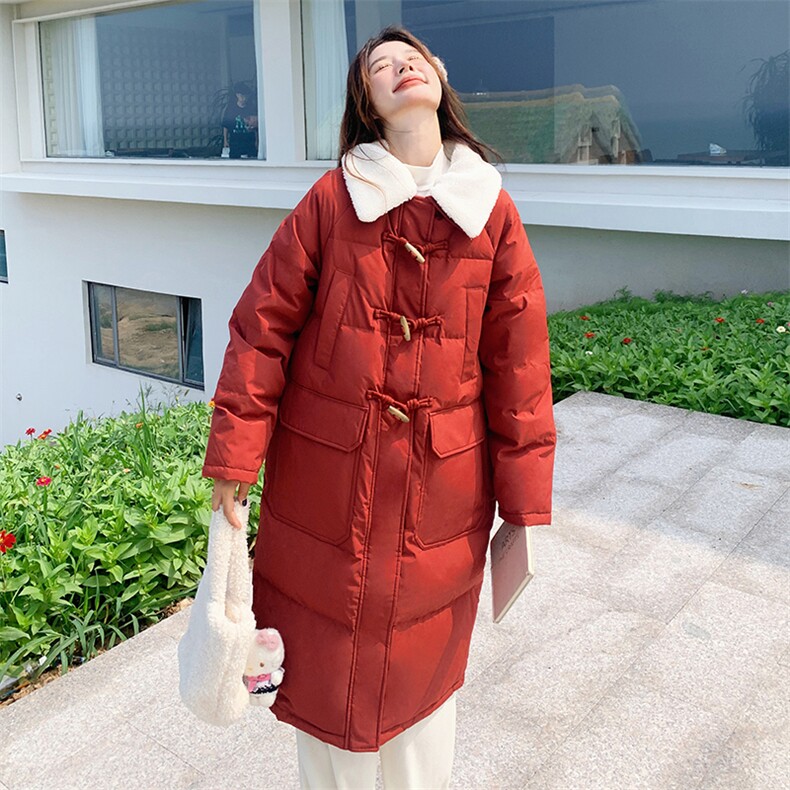 新年红色羊羔毛翻领羽绒棉服女冬季2024新款学院风牛角扣棉衣棉袄,女装棉衣/棉服,C位