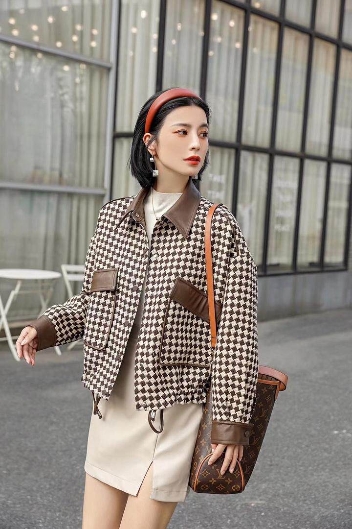 现货-粗纺棋盘格拼接小外套，其它，依歌贝诺