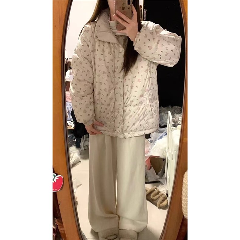 杏色碎花羽绒棉服女冬季2025新款设计感小众加厚小个子面包棉服,男装棉衣,星座506A