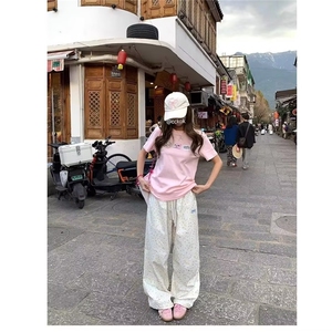 星星刺绣休闲裤2025夏季新款抽绳设计直筒高腰阔腿裤女图片