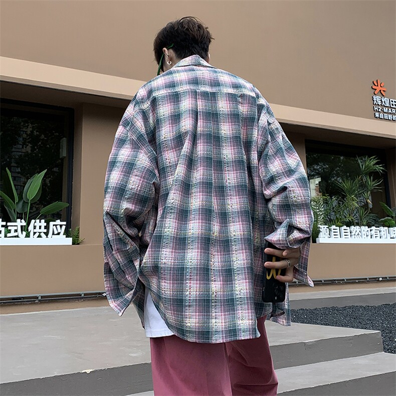 美式复古格子长袖衬衫男ins潮高街小众宽松工装衬衣外套RC90-P45,男装衬衫,星座1008