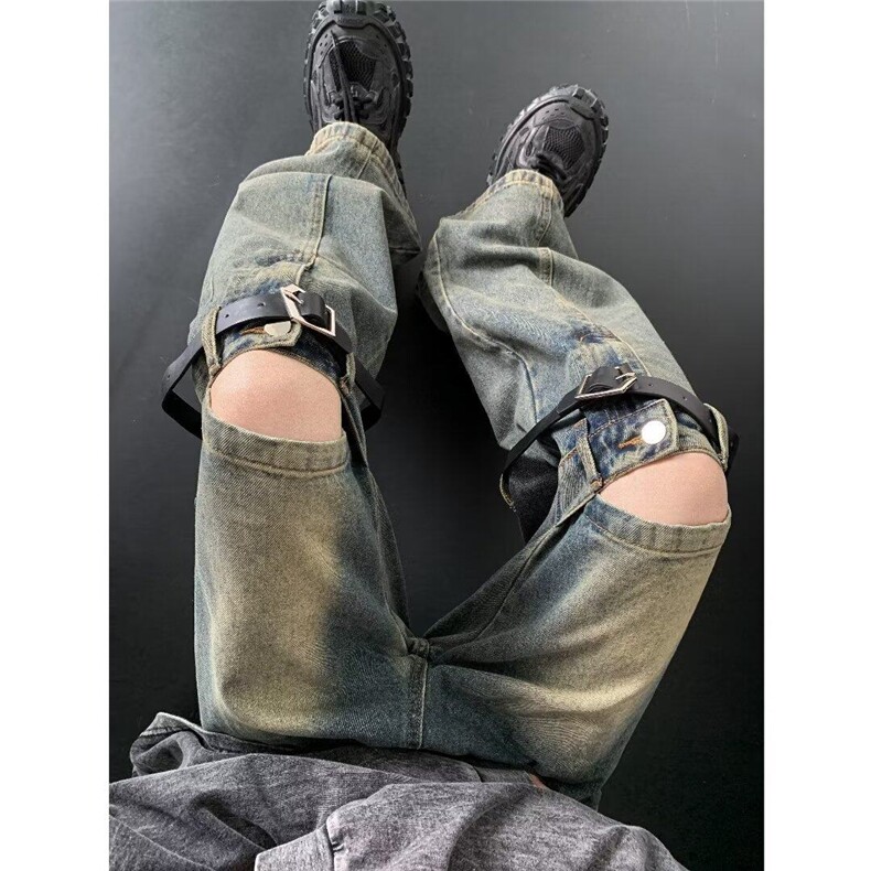 美式高街小众复古做旧高腰立体拼接设计潮牌微喇破洞阔腿牛仔裤男图片
