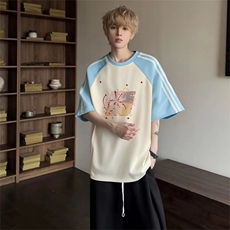 抖音得物品质二开240克宽松纯棉美式潮牌插肩三杠织带短袖T恤，男装T恤，电商A486