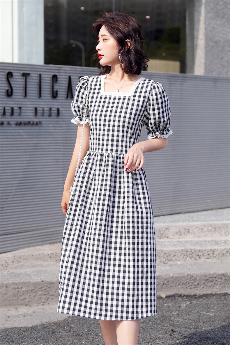 2021年夏季连衣裙时尚气质简约优雅百搭修身格子甜美,女装连衣裙,悠米