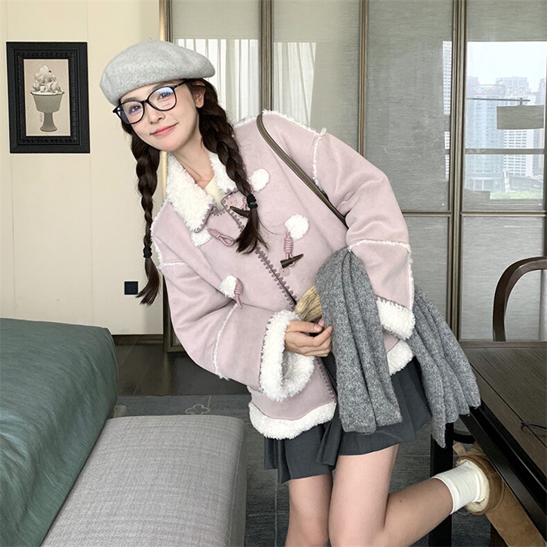 现货新款羊羔毛麂皮加厚短外套皮毛一体1611P195控288,女装短外套,浙宝295A