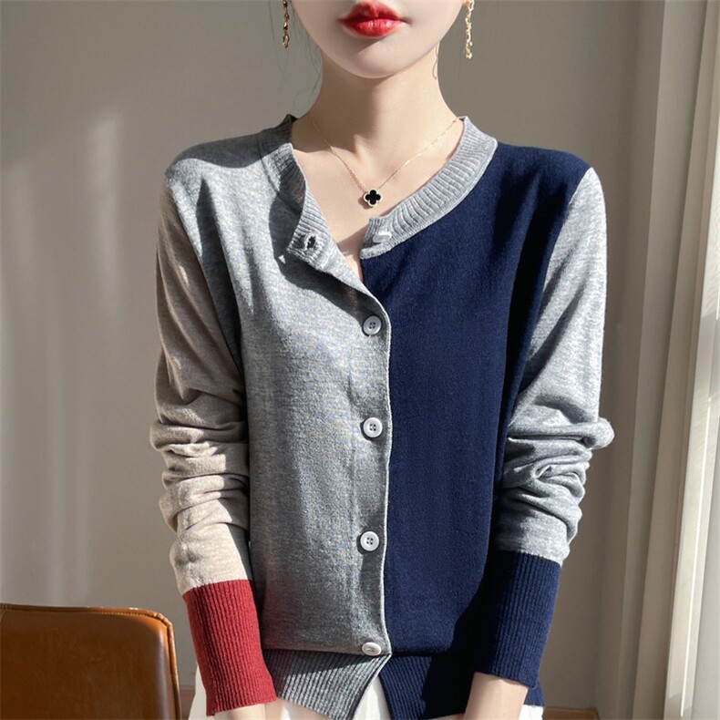 圆领拼色精纺羊毛开衫女春秋长袖针织外套毛衣宽松慵懒风外搭上衣，女装羊毛衫，总能电商供货