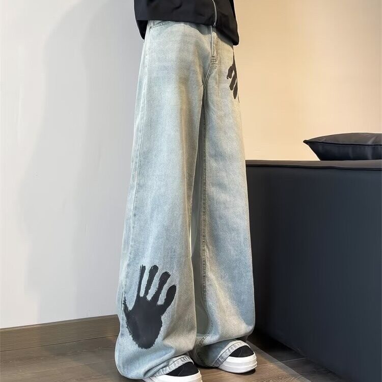 DB28-P50美式高街vibe风手掌印花牛仔裤男设计感宽松hiphop炸街裤,男装牛仔裤,星座603-2