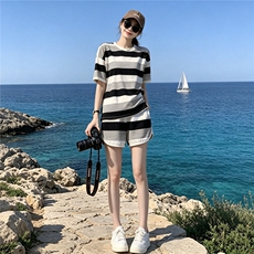 甜美时尚休闲套装女夏季新款显瘦圆领条纹短袖上衣阔腿短裤两件套，女装套装/套裙，江南