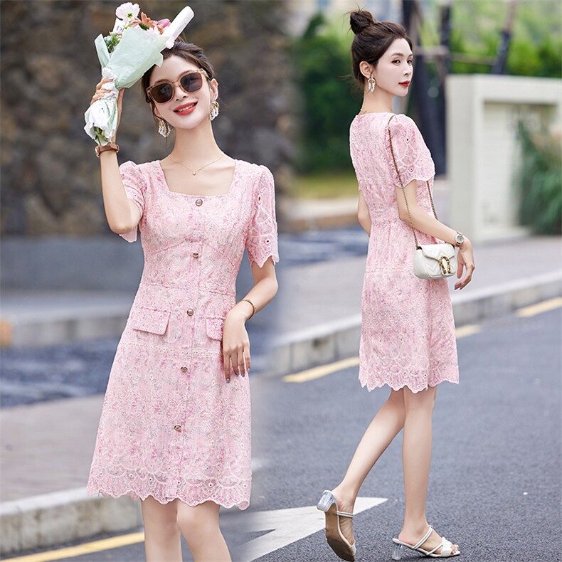 蕾丝花边连衣裙女装2025夏季新款小个子气质修身显瘦刺绣方领裙子，女装连衣裙，涵亦佰惠