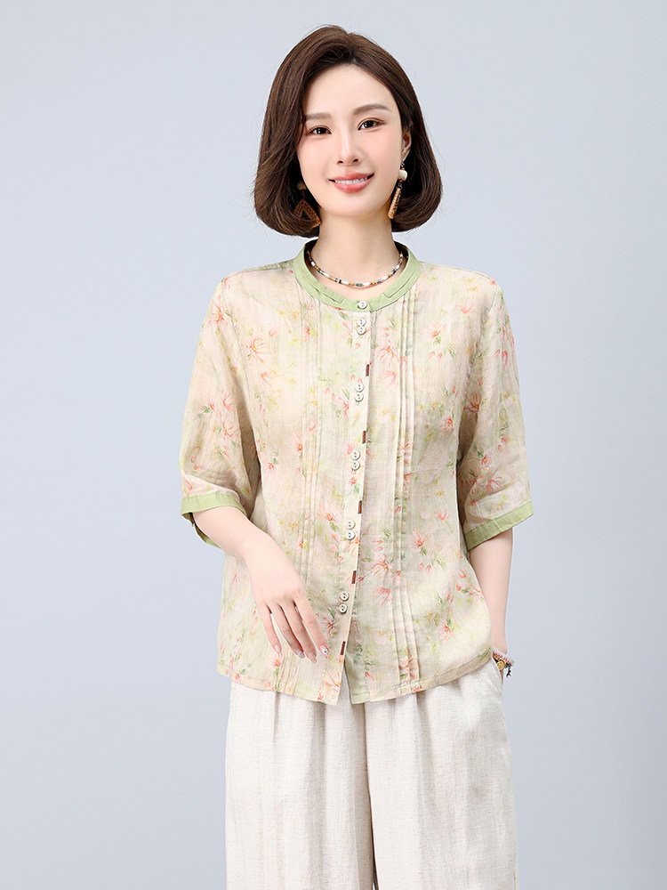 2025夏装新款复古舒适显瘦撞色印花苎麻衬衫轻薄阔腿裤,女装衬衫,凝聚力