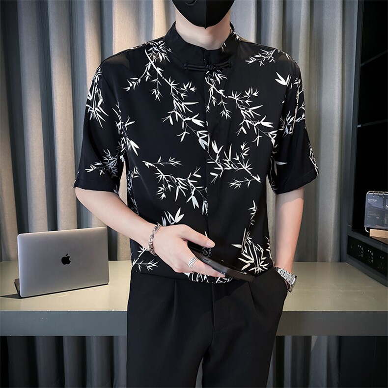 夏季新中式风立领竹叶短袖衬衫男冰丝衬衣A236-0830-特P35,男装T恤,电商A236