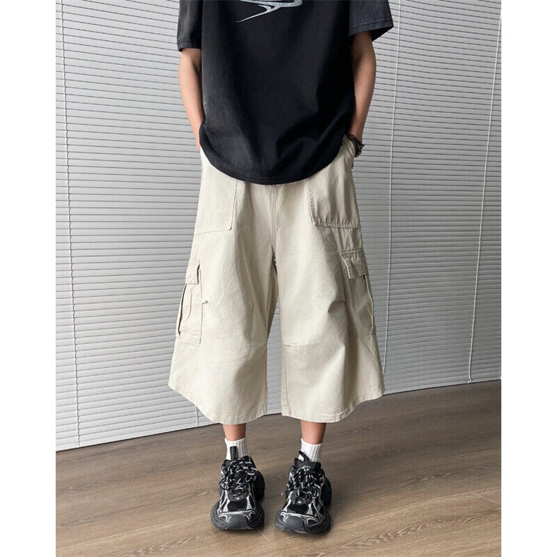 潮牌复古褶皱多口袋工装短裤男女美式夏季宽松百搭七分裤D084-P55,男装牛仔裤,星座308B-1