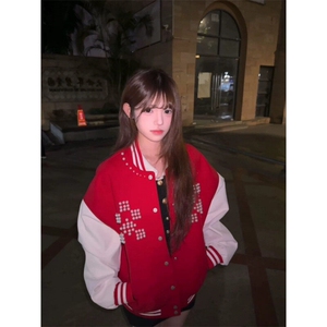 【有货】DJK1027-P95红色棒球服女珍珠钉珠重磅外套vintage夹克图片