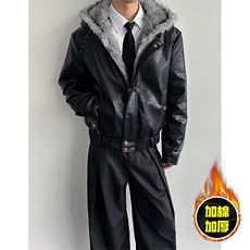 现货冬季美式潮牌痞帅PU皮机车服棉衣毛毛绒狼王座山雕皮棉服，男装棉衣，电商A443