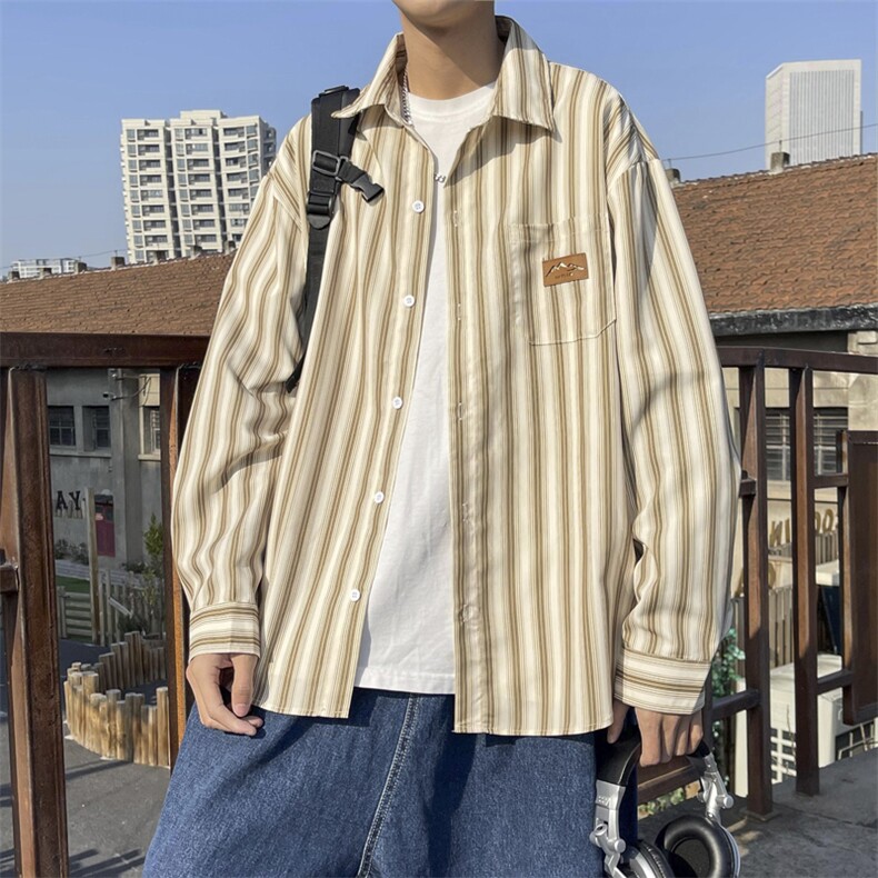 条纹衬衫男秋季ins百搭衬衣小众设计感宽松日系复古衬衫2626-p33,男装衬衫,星座1008-1
