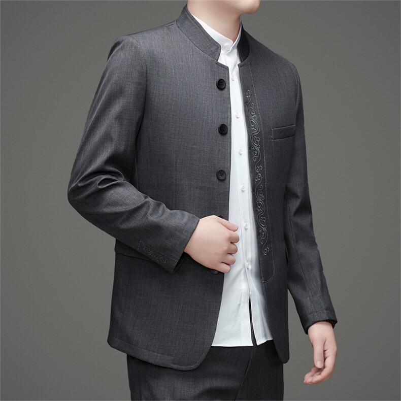 高端风中山装西服外套男士中年风新中式休闲西服唐装套装,男装西服,钱塘723