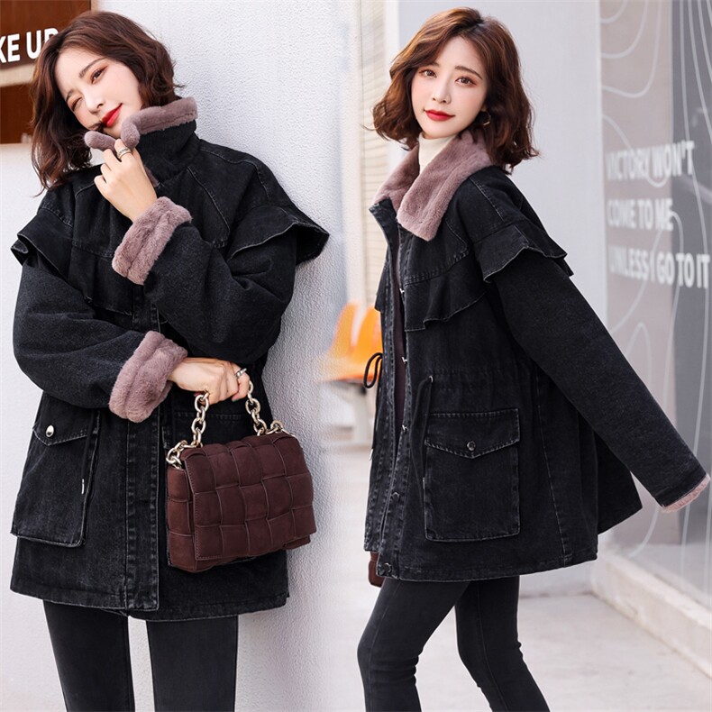 派克服女2021年冬季中长款棉衣加厚毛绒内胆腰部抽绳宽松舒适外套，女装派克服，梦懿尔