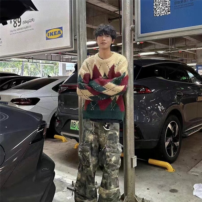 濮院针织衫韩版软糯套头情侣款毛衣慵懒宽松菱格圣诞上衣LF324P65,男装针织衫/毛衣,电商D256-2(原A064-2)