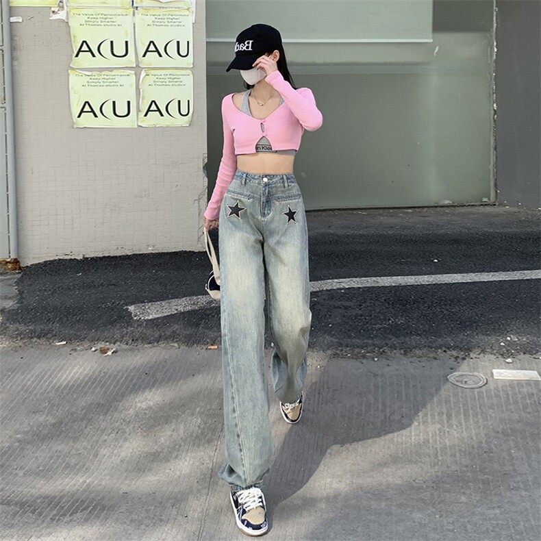HS993辣妹风格个性装新款高品质拖地裤女阔腿牛仔裤高腰P65,男装牛仔裤,星座309B-2