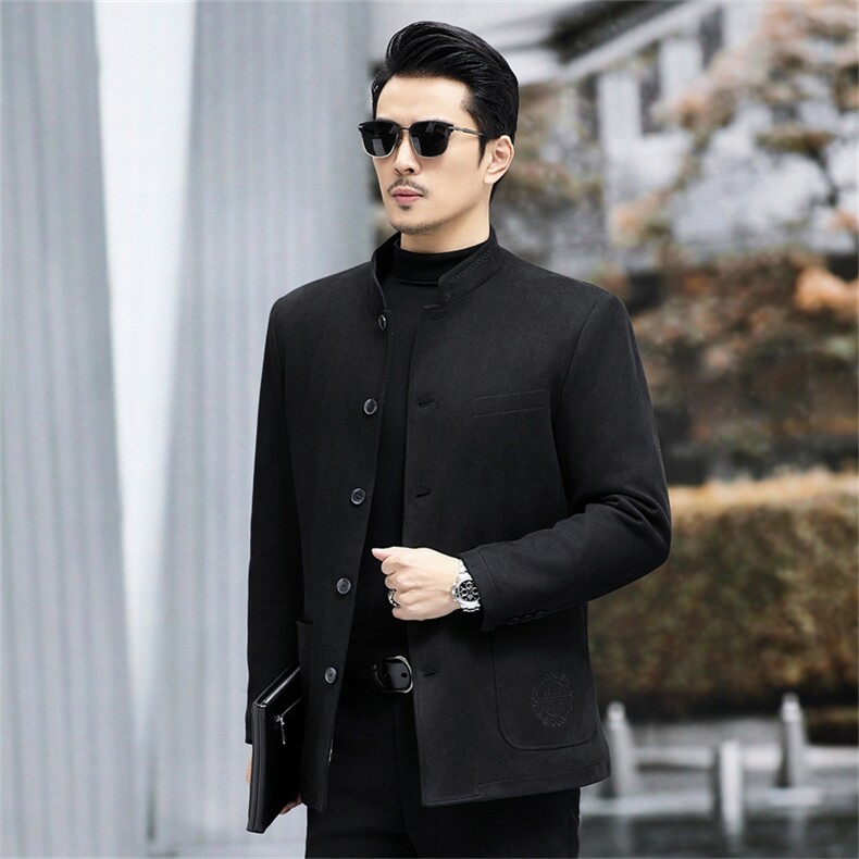 风羊羔毛加厚保暖中山装立领麂皮绒中青年男外套 A23610-P155图片