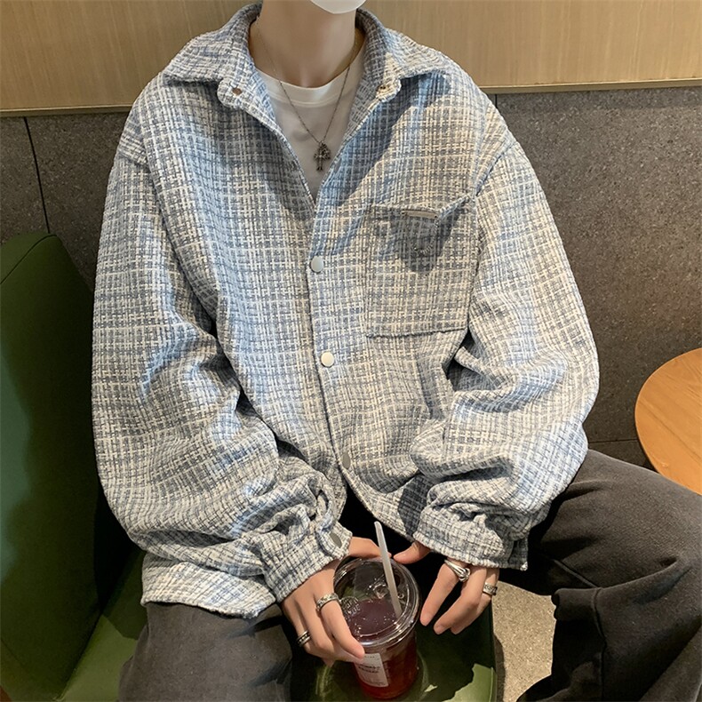 港风秋款男夹克休闲加厚衬衫条纹拼色铁链装饰休闲外套JK97P65,男装夹克,星座1013-1