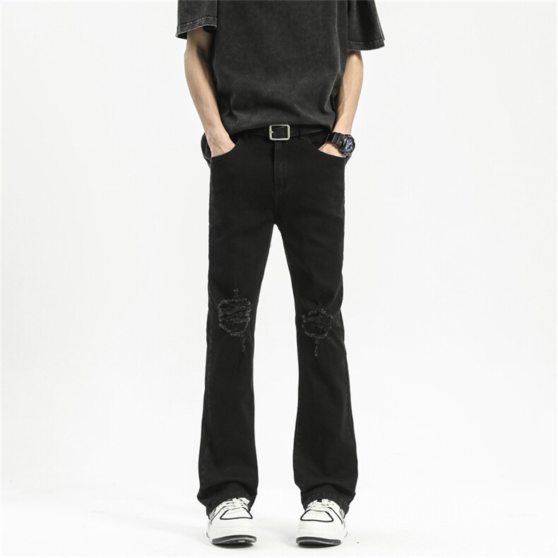 NK9805-P45黑白纯色膝盖破洞牛仔裤男弹力微喇裤，男装牛仔裤，电商B369（原A024）