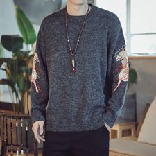 9056*咖啡厅中国风男士秋冬麒麟绣花毛衣针织衫男黑色全身*P75，男装针织衫/毛衣，星座1516（原B303）