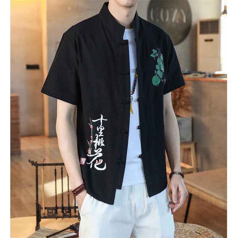 新中式夏季棉麻短袖衬衫立领短袖衬衫风纯色唐装C142P33,男装衬衫,电商A056