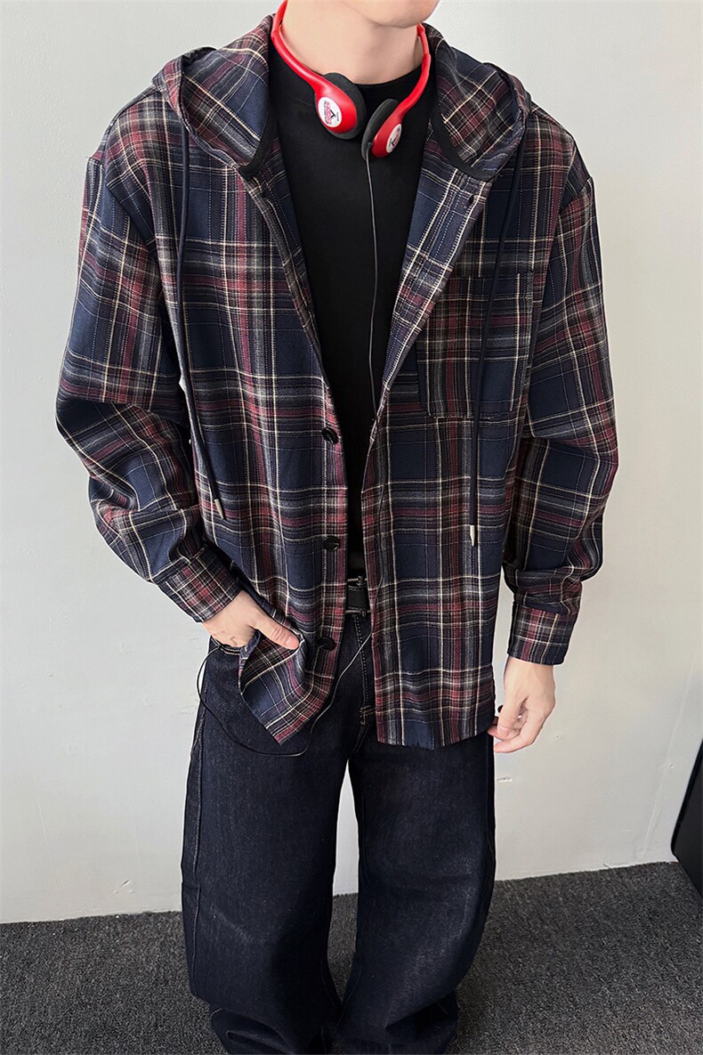 韩版撞色格子长袖衬衫oversize男复古连帽外套5Q1124-TP4088,男装衬衫,电商A102