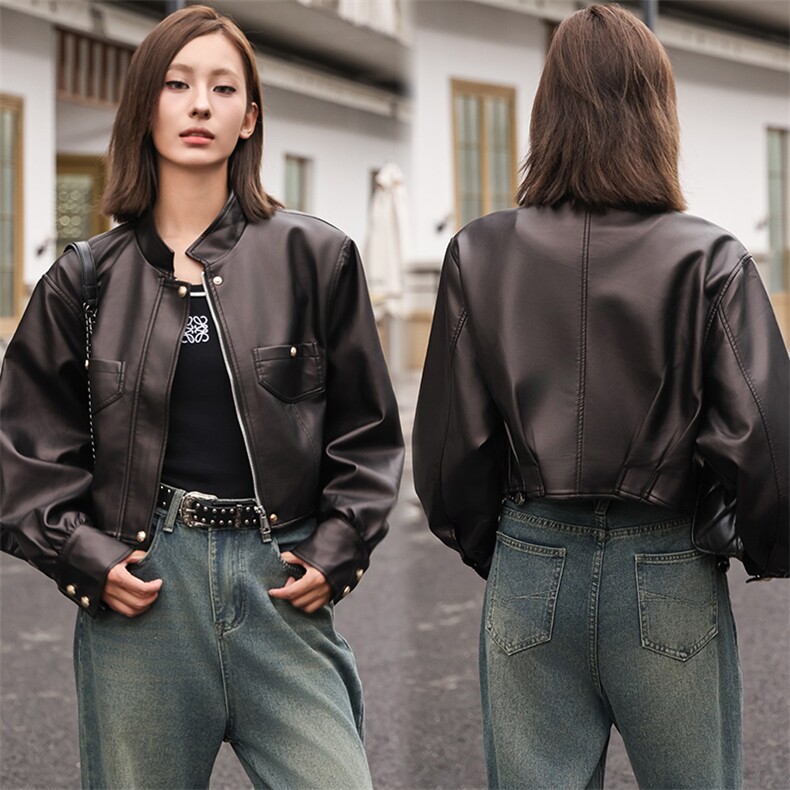 现货仿绵羊皮皮衣女短款时尚外套小立领机车款2024春秋新款潮显高图片