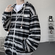8XL-M潮情侣美式磨毛编织条纹针织衫卫衣宽松拉链外套WY30P88，男装针织衫/毛衣，电商D206-1