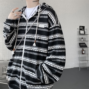 8XL-M 潮情侣美式磨毛编织条纹针织衫卫衣宽松拉链外套WY30P88图片