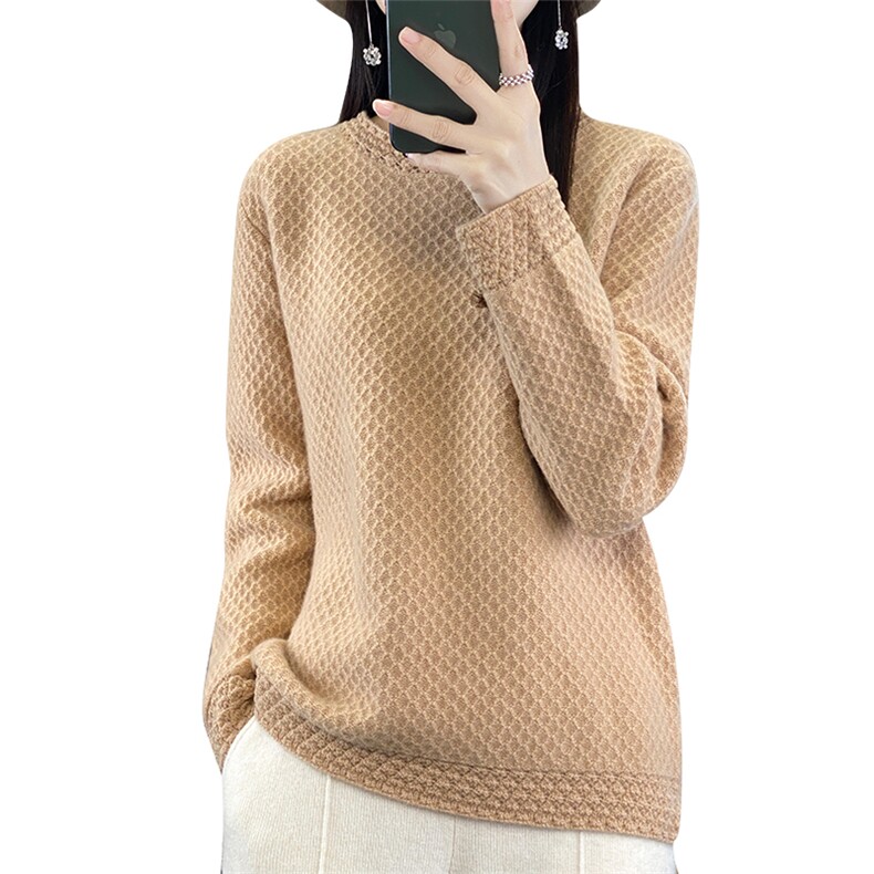 2024年秋季羊毛纯色长袖圆领通勤时尚针织衫,女装羊毛衫,犀桦羊绒
