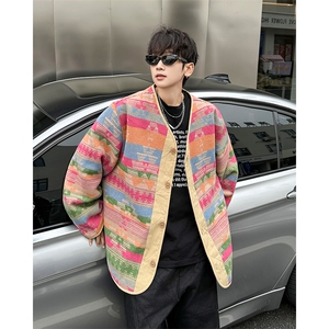春秋复古宽松民族风撞色夹克男休闲V领纽扣彩虹外套潮 JK6621-P65图片