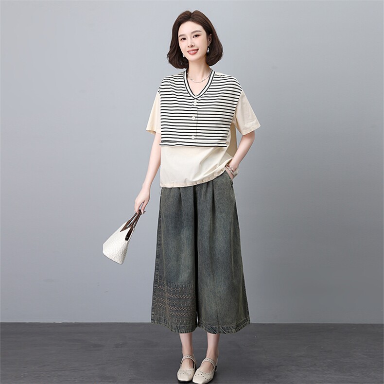 时尚条纹短袖上衣+阔腿裤套装显瘦百搭气质女装两件套,女装套装/套裙,叶笙衣
