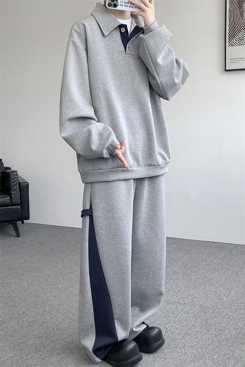 5XL-M潮流高级感披肩撞色拼接翻领百搭卫衣宽松弯刀长裤TZ113P118,男装休闲套装,电商D206-1