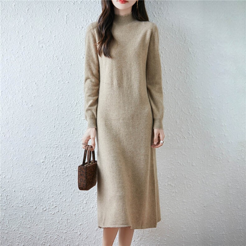2025年秋季中长款长袖休闲风半高领腰斜款连衣裙，女装连衣裙，绒汀羊绒