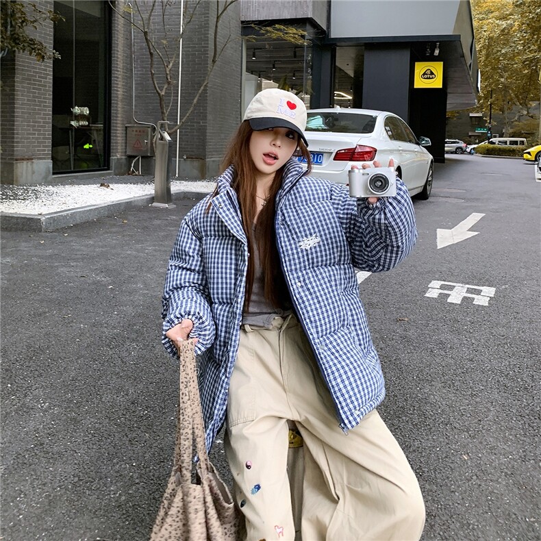 蓝色格子棉衣棉服2025冬季新款宽松面包服加厚外套,男装棉衣,星座410-7