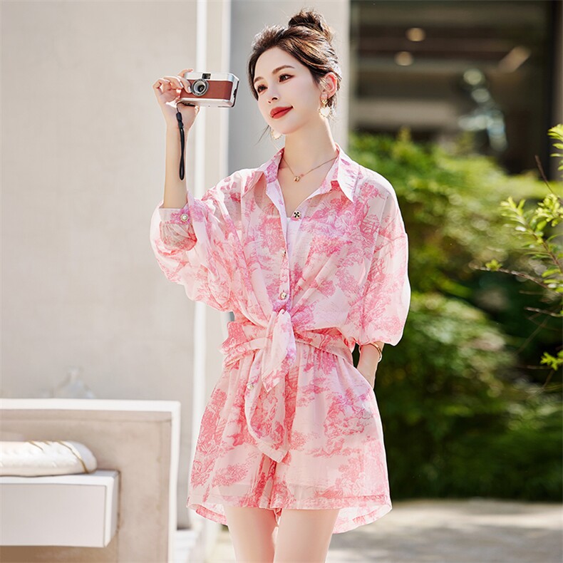 粉色防晒衬衫短裤套装女2025新款夏季小个子欧货高级感休闲两件套，女装套装/套裙，美静678