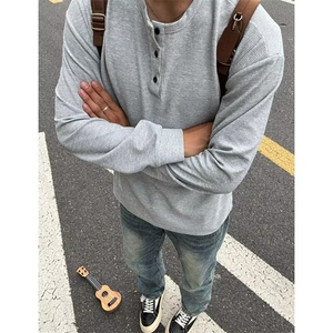 亨利领无帽卫衣男春秋季美式复古慵懒风宽松内搭休闲运动长袖T恤图片
