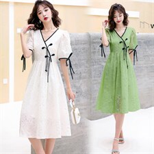 现货.2024年夏季V领时尚气质潮流中长款百搭韩版优雅连衣裙，女装连衣裙，尚洛菲