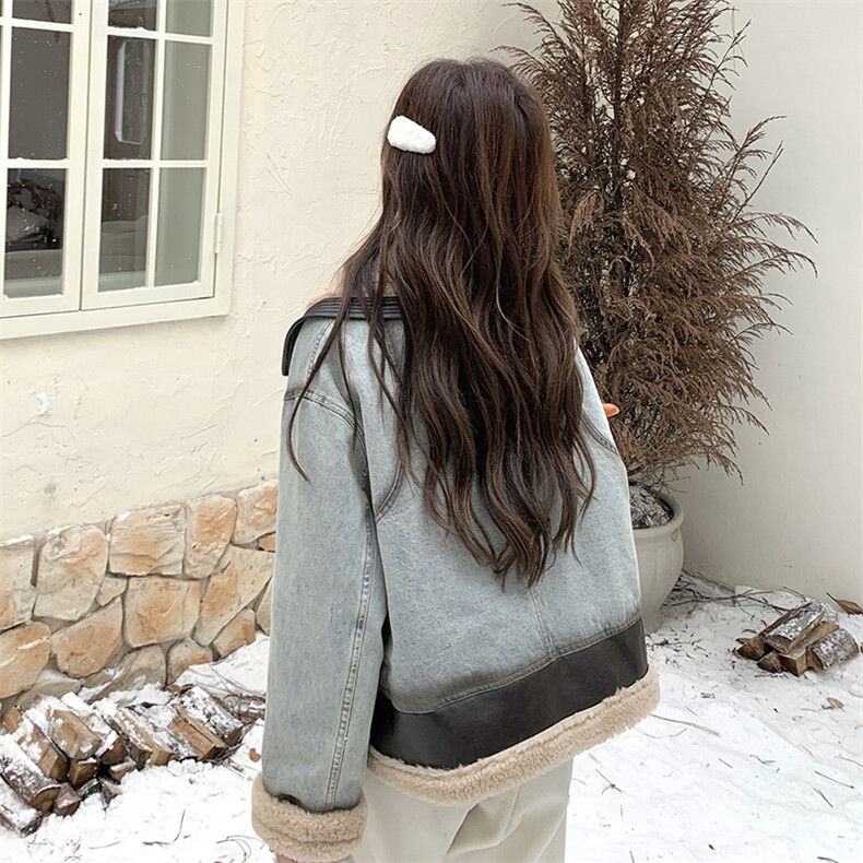羊羔毛拼接牛仔羽绒服女冬季2025新款高级感美式爆款加厚保暖外套,女装羽绒服,2C170