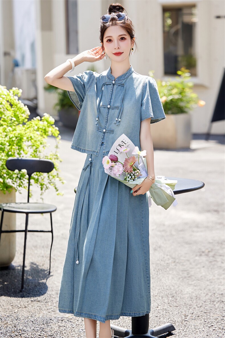 新中式国风牛仔套装裙女2025年夏季新款复古盘扣半身裙时尚两件套,女装套装/套裙,欣品汇
