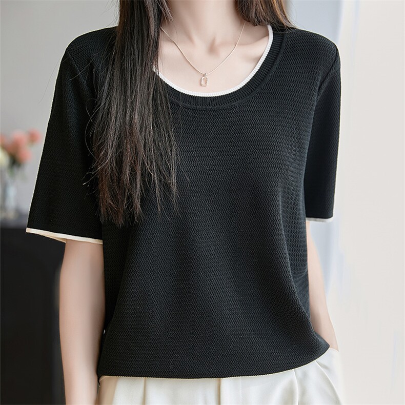 冰丝针织短袖T恤女2025夏新款撞色洋气减龄宽松显瘦打底t恤小衫薄，女装T恤，绒汀羊绒