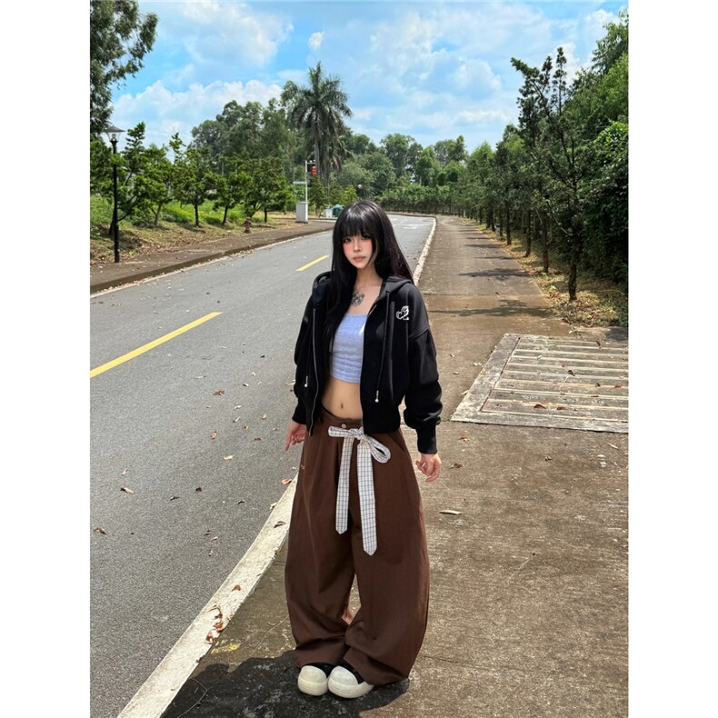 韩系设计感蕾丝飘带复古时尚休闲慵懒松弛感垂感拖地阔腿裤女,男装休闲裤,四季星座505