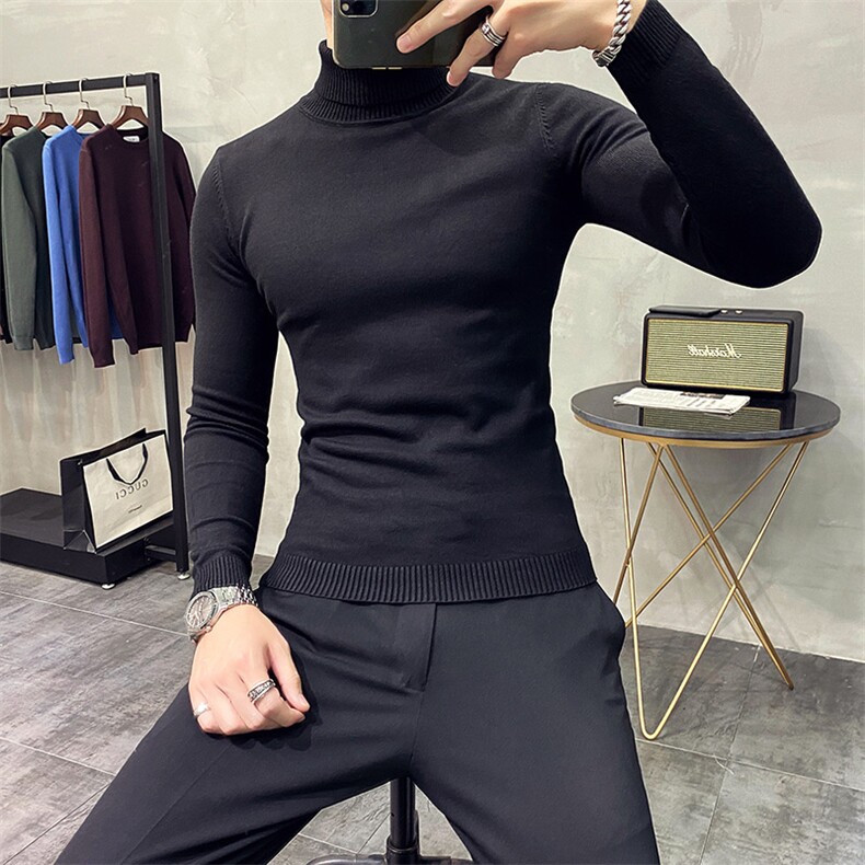 Y902 2021秋冬男修身毛衣品质好库存足-高领基础款-黑色图片